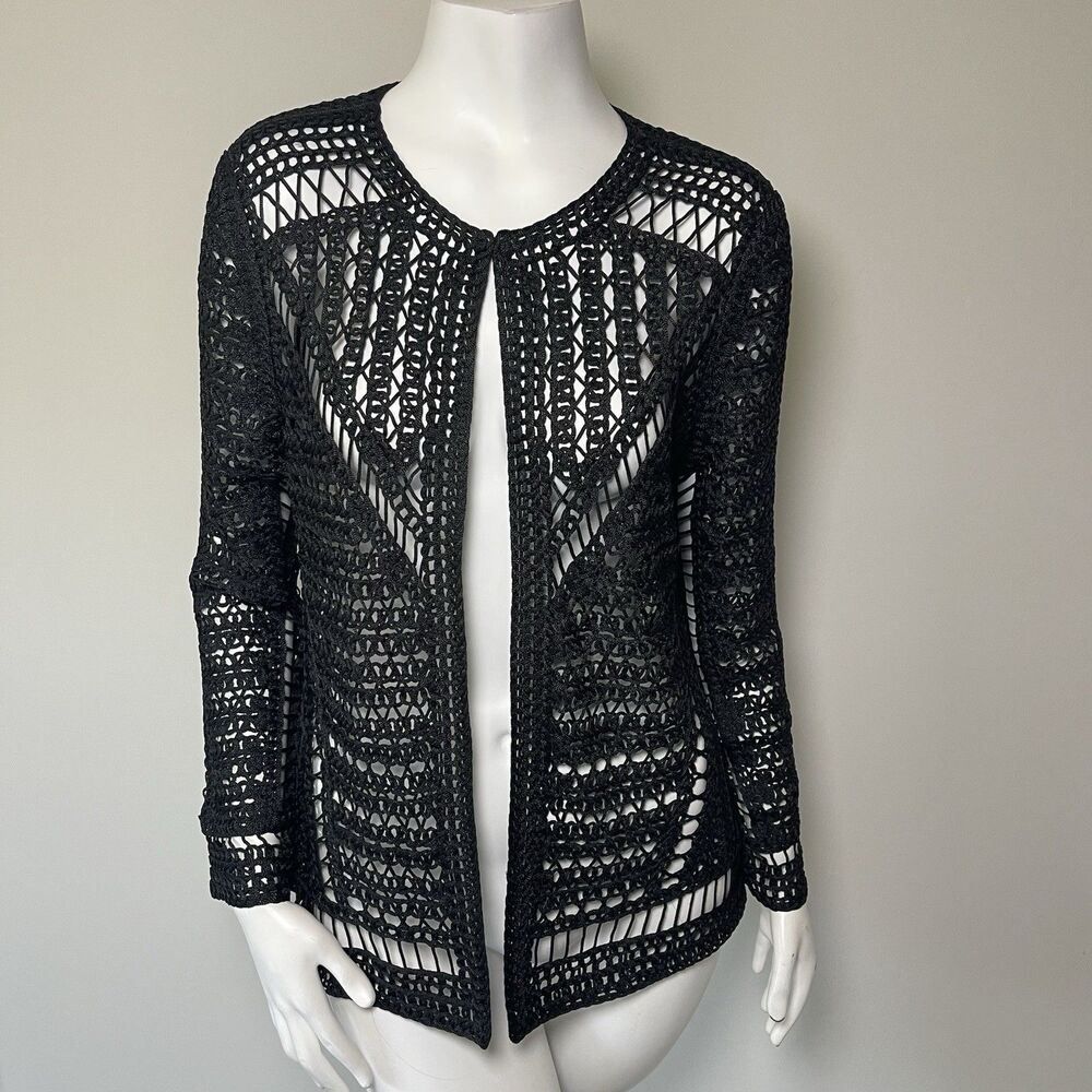 Berek Women's M Open Front Cardigan Black Chunky Open Knit Crochet Jacket